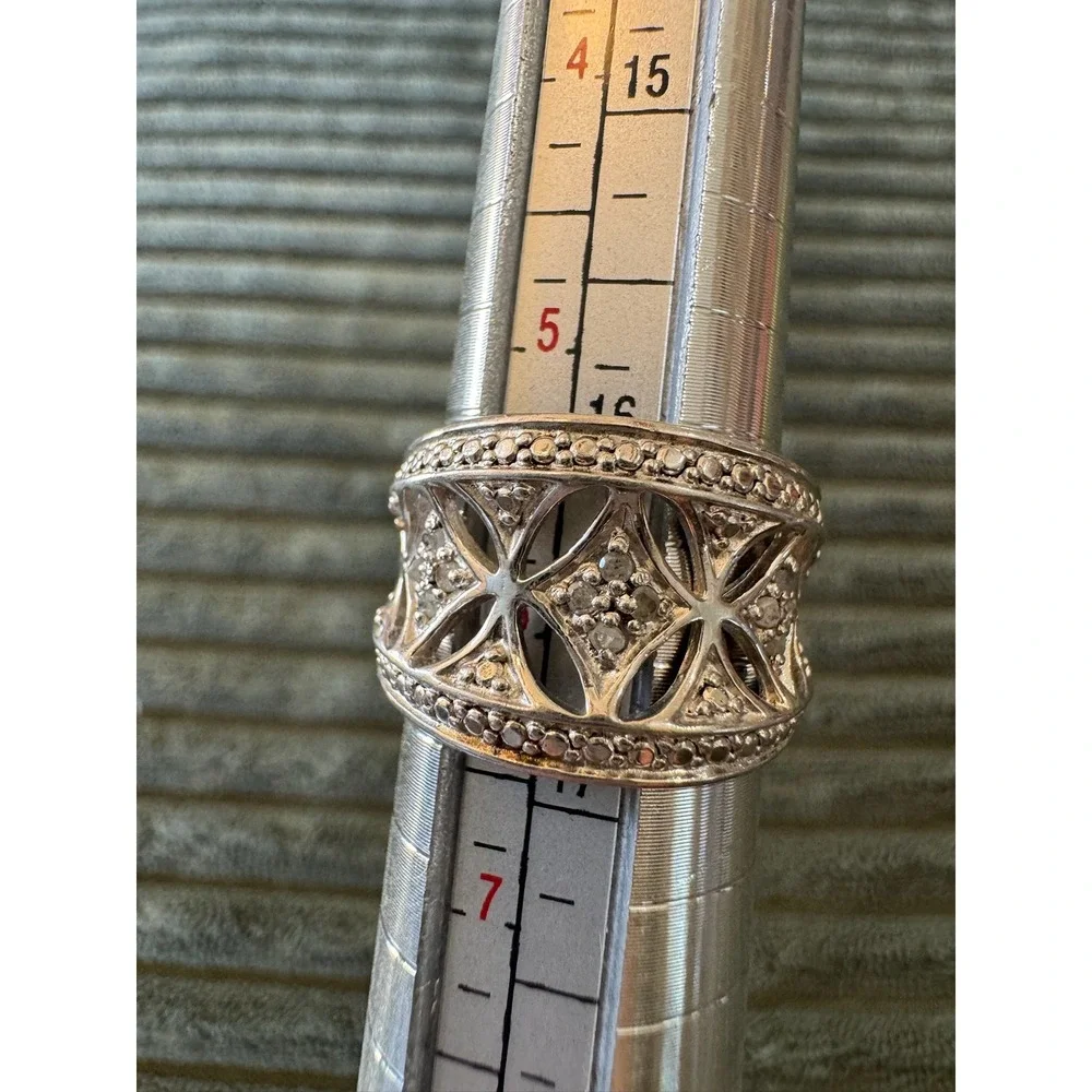 925 Sterling Silver Diamond Accent Ring, Wide Band, Size 6, RJ6, Statement‎ Ring